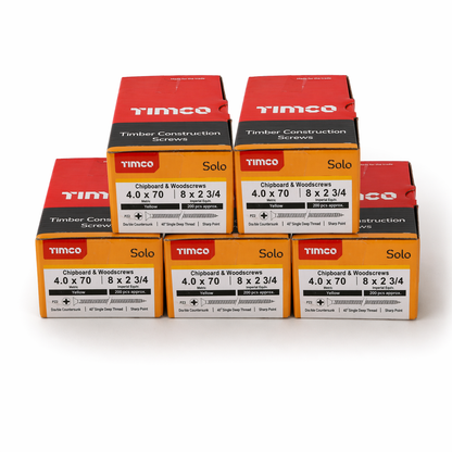 1000x Timco 8G 4mm Solo Wood Screws Yellow Pozi Countersunk Chipboard 15mm - 70mm