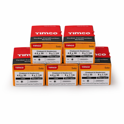 1000x Timco 9G 4.5mm Solo Wood Screws Yellow Pozi Countersunk Chipboard 20mm - 80mm