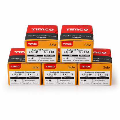 1000x Timco 9G 4.5mm Solo Wood Screws Yellow Pozi Countersunk Chipboard 20mm - 80mm