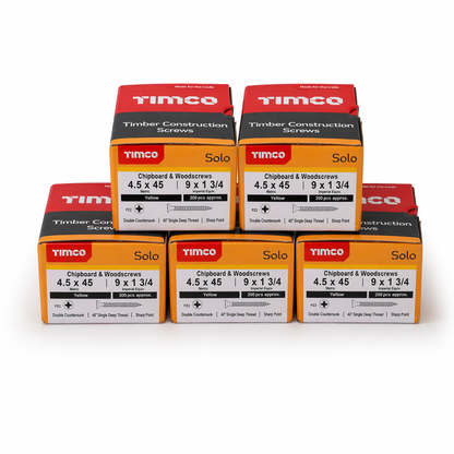 1000x Timco 9G 4.5mm Solo Wood Screws Yellow Pozi Countersunk Chipboard 20mm - 80mm