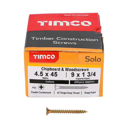 200x Timco 9G 4.5mm Solo Wood Screws Zinc Yellow Pozi Head Countersunk 20mm - 80mm