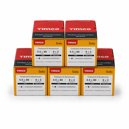 1000x Timco 9G 4.5mm Solo Wood Screws Yellow Pozi Countersunk Chipboard 20mm - 80mm