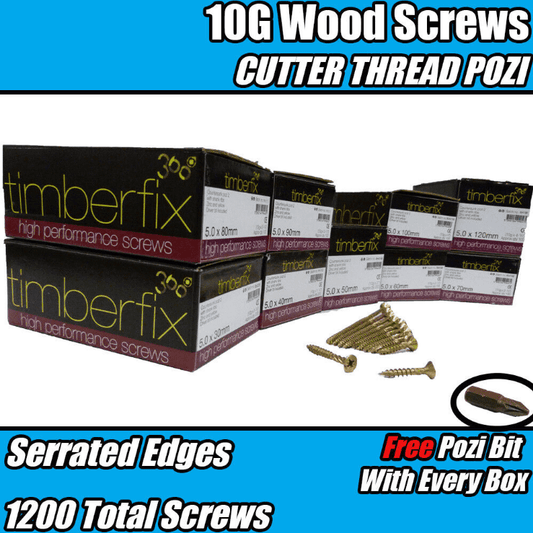 5.0mm 10G All Sizes Premium Wood Screws Cutter Thread Pozi Csk Timberfix Gold
