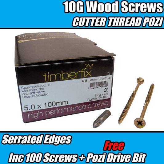 5.0mmx100mm 10G Premium Wood Screws Cutter Thread Pozi Csk Timberfix 360 Gold