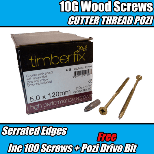 5.0mmx120mm 10G Premium Wood Screws Cutter Thread Pozi Csk Timberfix 360 Gold