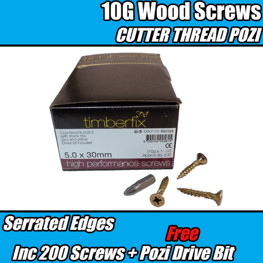 5.0mmx30mm 10G Premium Wood Screws Cutter Thread Pozi Csk Timberfix 360 Gold