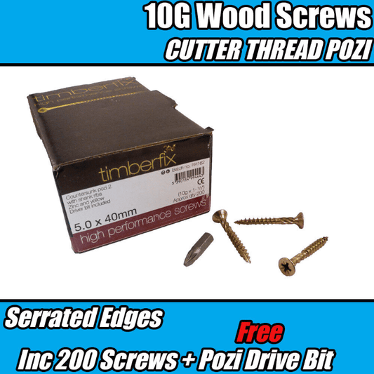 5.0mmx40mm 10G Premium Wood Screws Cutter Thread Pozi Csk Timberfix 360 Gold