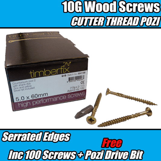5.0mmx60mm 10G Premium Wood Screws Cutter Thread Pozi Csk Timberfix 360 Gold