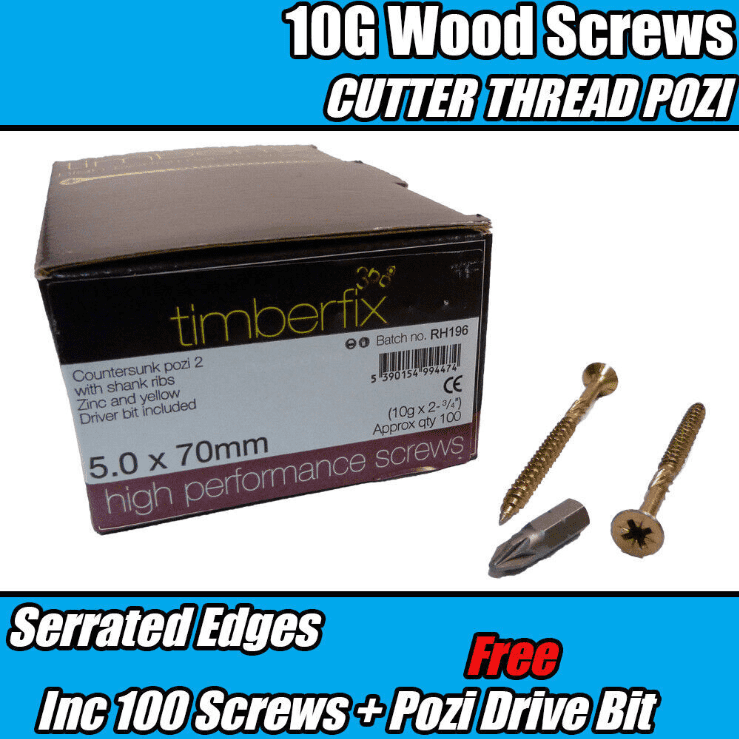 5.0mmx70mm 10G Premium Wood Screws Cutter Thread Pozi Csk Timberfix 360 Gold