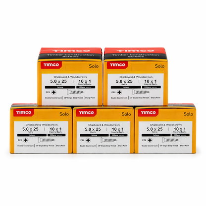 1000x Timco 10G 5mm Solo Wood Screws Yellow Pozi Countersunk Chipboard 25mm - 100mm