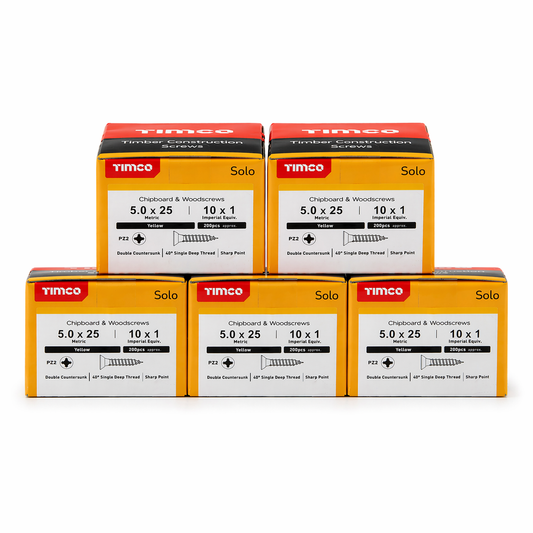 1000x Timco 10G 5mm Solo Wood Screws Yellow Pozi Countersunk Chipboard 25mm - 100mm