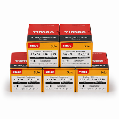 1000x Timco 10G 5mm Solo Wood Screws Yellow Pozi Countersunk Chipboard 25mm - 100mm