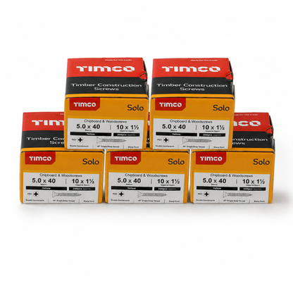 1000x Timco 10G 5mm Solo Wood Screws Yellow Pozi Countersunk Chipboard 25mm - 100mm