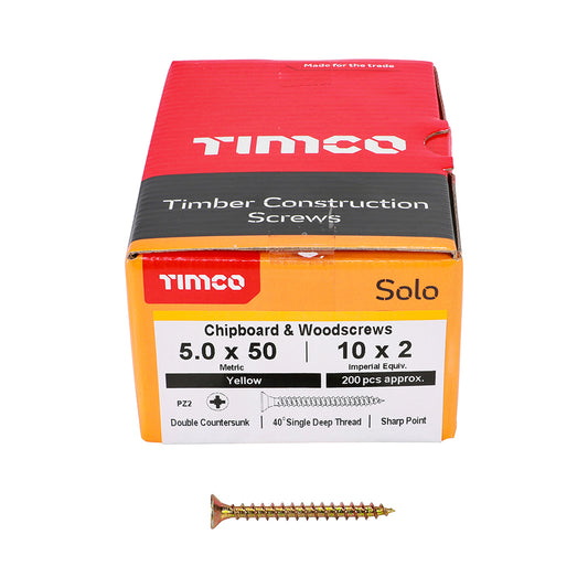 200x Timco 10G 5mm Solo Wood Screws Zinc Yellow Pozi Countersunk 20mm - 120mm
