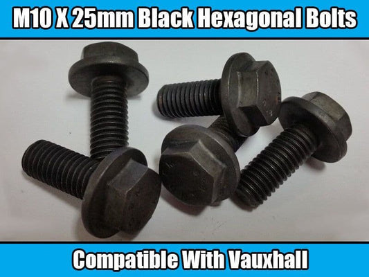 5x Black Metal M10x25mm Hex Bolts with Washer for Vauxhall