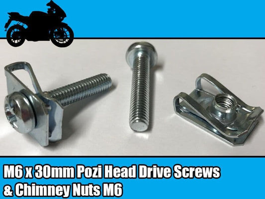 5x Motor Bike Cycle M6 Spire Chimney Lug Nut Clip & 30mm Machine Screw Bolt Pozi