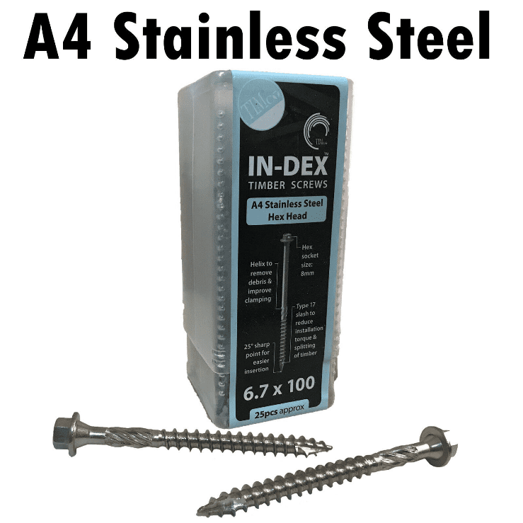 6.7x100mm 4" Index Stainless Steel A4 Landscape Sleeper Wood Timber Hex Screws