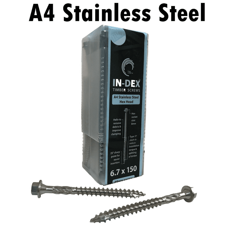 6.7X150mm 6" Index Stainless Steel A4 Landscape Sleeper Wood Timber Hex Screws