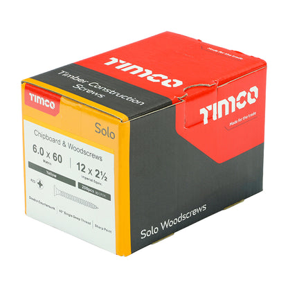 200x Timco 12G 6mm Solo Woodscrews Zinc Yellow Pozi Countersunk 40mm - 200mm