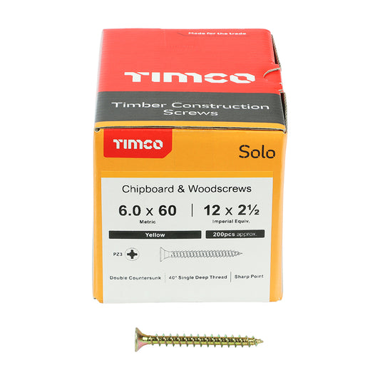 200x Timco 12G 6mm Solo Woodscrews Zinc Yellow Pozi Countersunk 40mm - 200mm