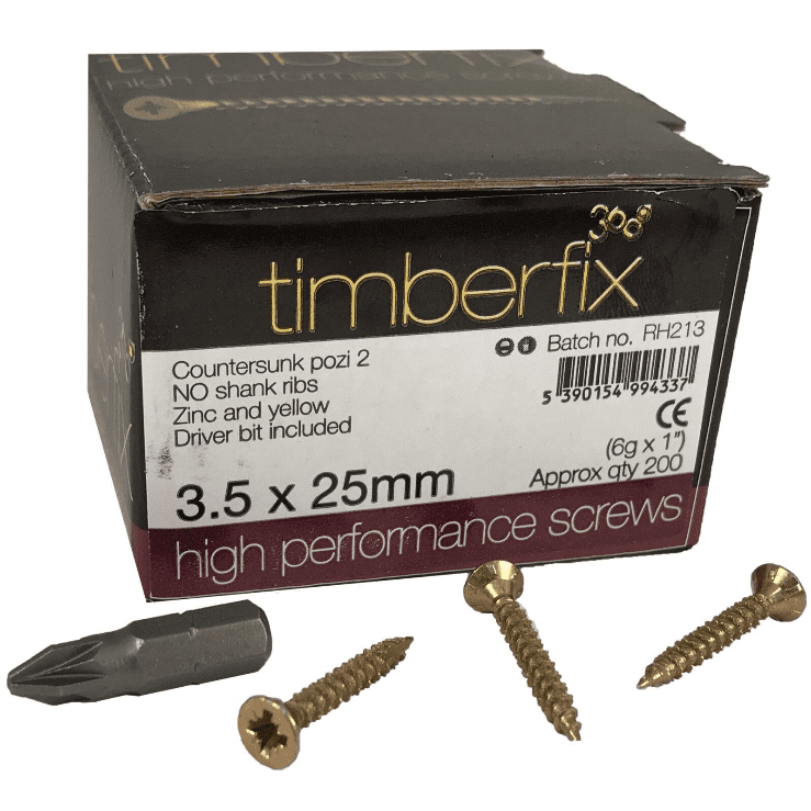 6G 3.5mmx25mm Premium Cutter Thread Wood Screws  Pozi Csk Timberfix 360 Gold