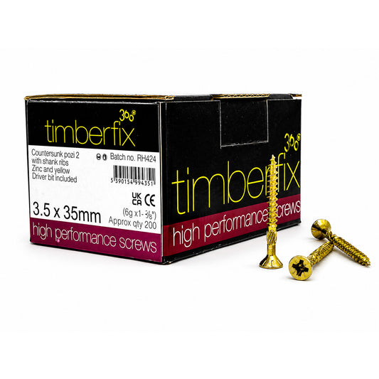 Box of 200x Timberfix 360 6g 3.5x35mm Premium Cutter Thread Wood Screws Countersunk Pozi Head Yellow Zinc