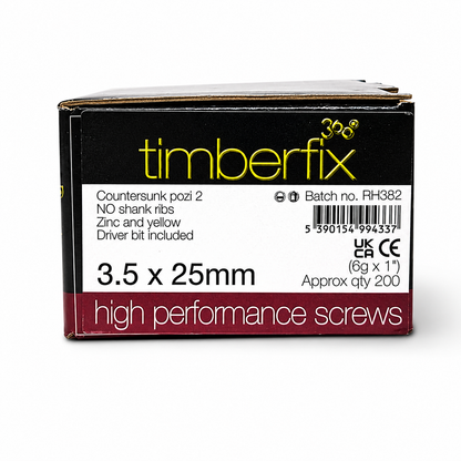 Box of 200x Timberfix 360 6g 3.5x25mm Premium Cutter Thread Wood Screws Countersunk Pozi Head Yellow Zinc