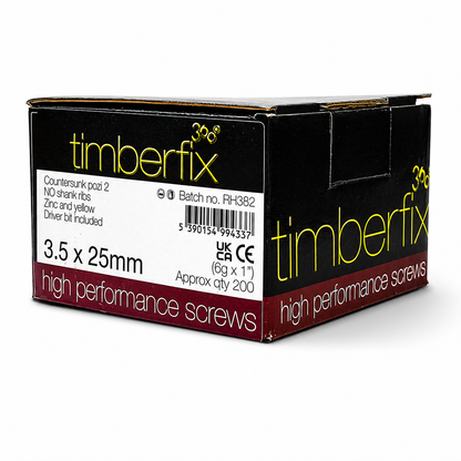 Box of 200x Timberfix 360 6g 3.5x25mm Premium Cutter Thread Wood Screws Countersunk Pozi Head Yellow Zinc