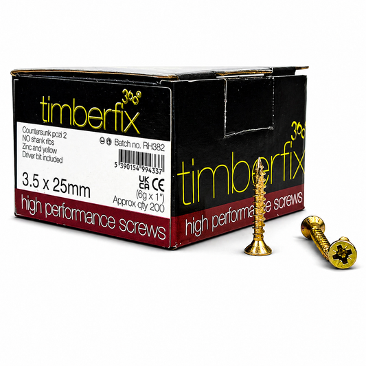 Box of 200x Timberfix 360 6g 3.5x25mm Premium Cutter Thread Wood Screws Countersunk Pozi Head Yellow Zinc