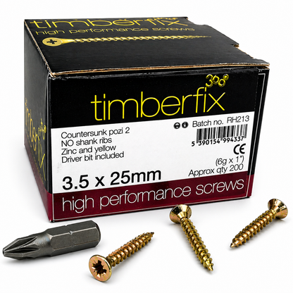 Box of 200x Timberfix 360 6g 3.5x25mm Premium Cutter Thread Wood Screws Countersunk Pozi Head Yellow Zinc
