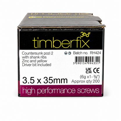 Box of 200x Timberfix 360 6g 3.5x35mm Premium Cutter Thread Wood Screws Countersunk Pozi Head Yellow Zinc