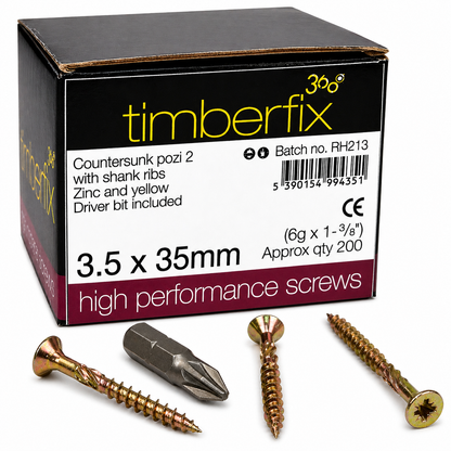 Box of 200x Timberfix 360 6g 3.5x35mm Premium Cutter Thread Wood Screws Countersunk Pozi Head Yellow Zinc