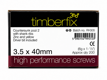 Box of 200x Timberfix 360 6g 3.5x40mm Premium Cutter Thread Wood Screws Countersunk Pozi Head Yellow Zinc