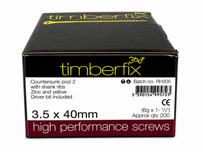Box of 200x Timberfix 360 6g 3.5x40mm Premium Cutter Thread Wood Screws Countersunk Pozi Head Yellow Zinc