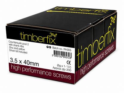 Box of 200x Timberfix 360 6g 3.5x40mm Premium Cutter Thread Wood Screws Countersunk Pozi Head Yellow Zinc