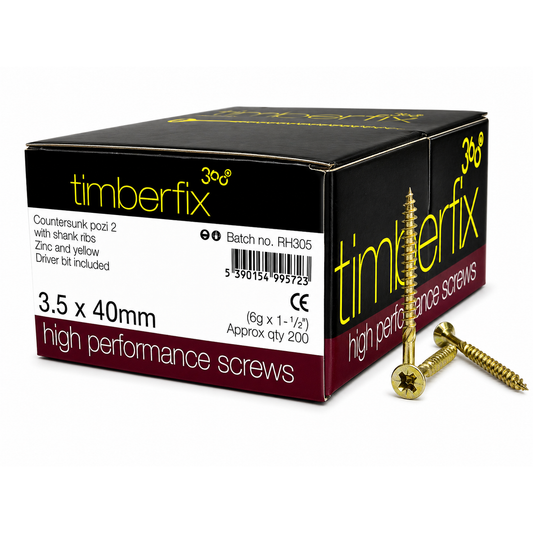 Box of 200x Timberfix 360 6g 3.5x40mm Premium Cutter Thread Wood Screws Countersunk Pozi Head Yellow Zinc