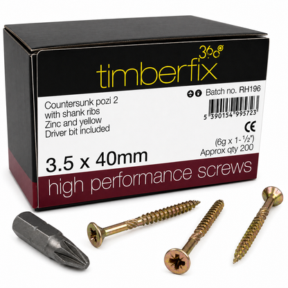 Box of 200x Timberfix 360 6g 3.5x40mm Premium Cutter Thread Wood Screws Countersunk Pozi Head Yellow Zinc