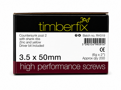 Box of 200x Timberfix 360 6g 3.5x50mm Premium Cutter Thread Wood Screws Countersunk Pozi Head Yellow Zinc