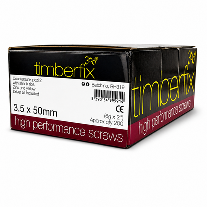 Box of 200x Timberfix 360 6g 3.5x50mm Premium Cutter Thread Wood Screws Countersunk Pozi Head Yellow Zinc