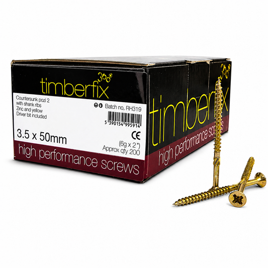 Box of 200x Timberfix 360 6g 3.5x50mm Premium Cutter Thread Wood Screws Countersunk Pozi Head Yellow Zinc