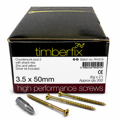 Box of 200x Timberfix 360 6g 3.5x50mm Premium Cutter Thread Wood Screws Countersunk Pozi Head Yellow Zinc