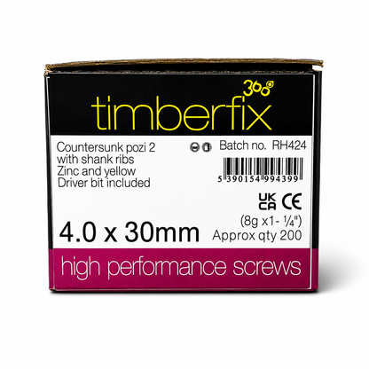 Box of 200x Timberfix 360 8g 4.0x30mm Premium Cutter Thread Wood Screws Countersunk
