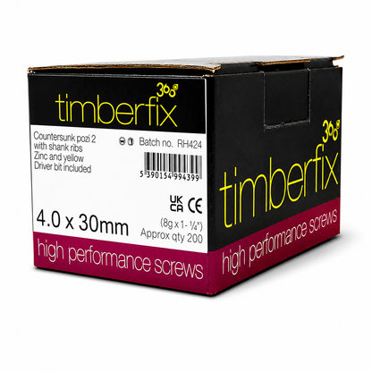 Box of 200x Timberfix 360 8g 4.0x30mm Premium Cutter Thread Wood Screws Countersunk