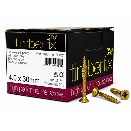 Box of 200x Timberfix 360 8g 4.0x30mm Premium Cutter Thread Wood Screws Countersunk