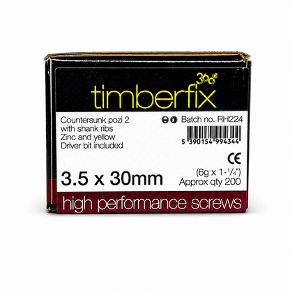 Box of 200x Timberfix 360 6g 3.5x30mm Premium Cutter Thread Wood Screws Countersunk Pozi Head Yellow Zinc