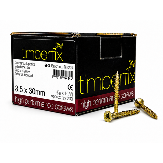 Box of 200x Timberfix 360 6g 3.5x30mm Premium Cutter Thread Wood Screws Countersunk Pozi Head Yellow Zinc
