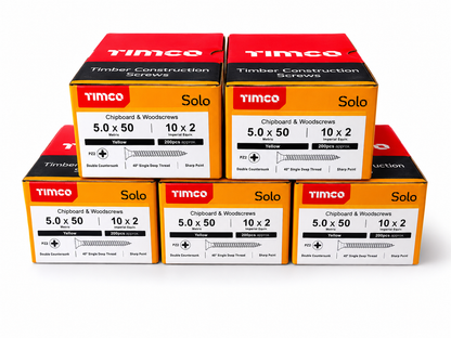 1000x Timco 10G 5mm Solo Wood Screws Yellow Pozi Countersunk Chipboard 25mm - 100mm