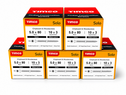 1000x Timco 10G 5mm Solo Wood Screws Yellow Pozi Countersunk Chipboard 25mm - 100mm