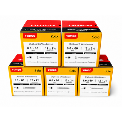 1000x Timco 12G 6mm Solo Wood Screws Yellow Pozi Countersunk Chipboard 40mm - 150mm