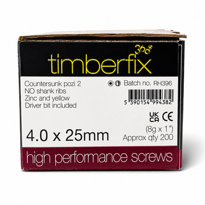 Box of 200x Timberfix 360 6g 4.0x25mm Premium Cutter Thread Wood Screws Countersunk Pozi Head Yellow Zinc